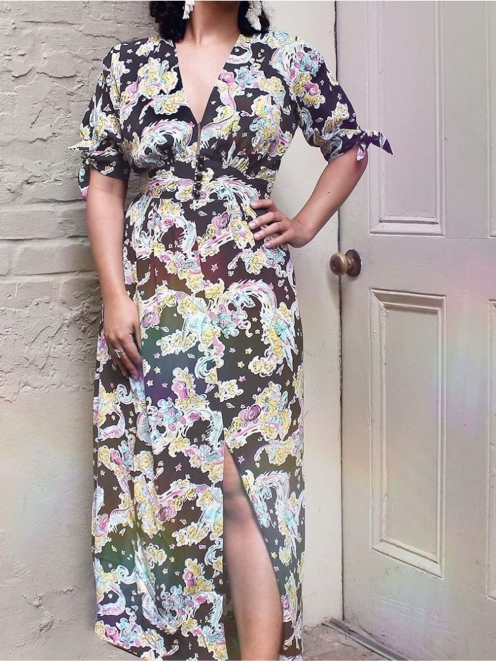 Trashy Diva Black Floral-Print Midi Dress with Tie Sleeves